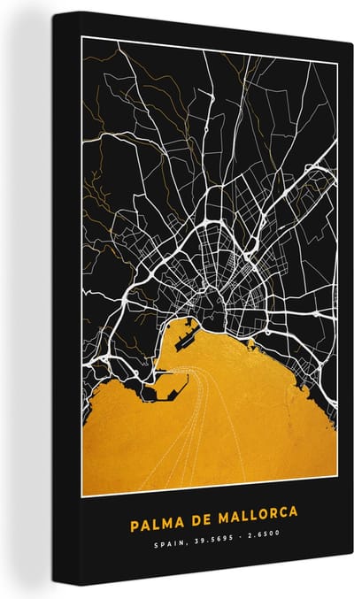 Canvas Schilderij Mallorca - Stadskaart - Goud - Plattegrond - Kaart - 20x30 cm - Wanddecoratie