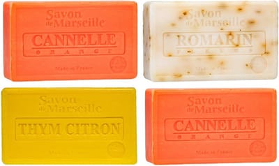 Set Marseille zeep 4 x 100 gram in geuren kaneel-roosmarijn-thym citroen- abrikoos
