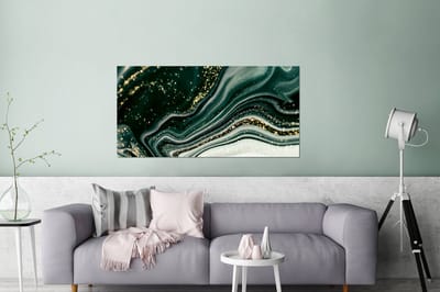 Wanddecoratie Metaal - Aluminium Schilderij Industrieel - Marmerlook - Goud - Groen - Glitter - Design - Marmer - 160x80 cm - Dibond - Foto op aluminium - Industriële muurdecoratie - Voor de woonkamer/slaapkamer