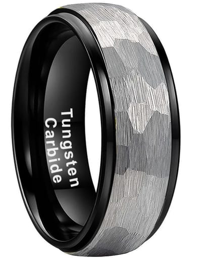Wolfraam Ring Heren Zwart met Gehamerd Staal - Tungsten Ring - Zeer Zwaar - Ringen Mannen - Papa Cadeau Voor Mannen - Vaderdag