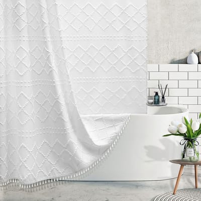 Famanu – Boho douchegordijn wit 183 x 183 cm – geweven stof met kwastjes, waterbestendig