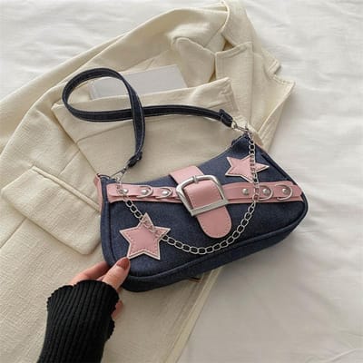 Trendy en Sexy Hot Girl Lente Stijl Ster Nieuwe Casual Denim Ketting Hand Hak Schouder Onderarm Tas gray