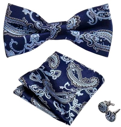 Fako Fashion - Vlinderstrik, Pochette & Manchetknopen - Vlinderdas - Strikje - Pochet - Paisley Blauw/Lichtblauw