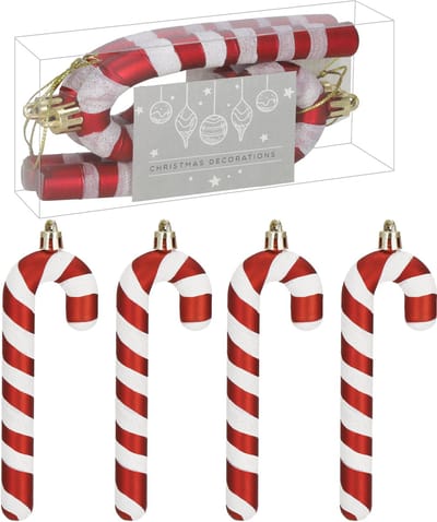 Springos Kersthanger | Zuurstok | Kerstboomhanger | Wit | Rood | Kunststof | 12,5 cm | 4 Stuks