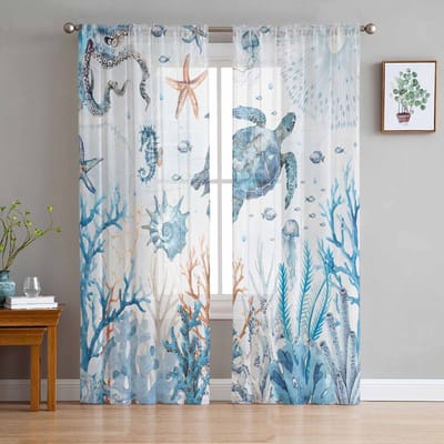 Zomer Zeedieren Koraal Zee Schildpadden Zeesterren Transparante Gordijnen voor Woonkamer Decoratie Raambekleding Keuken Tule Voile Gordijnen W135 x H115cm x1 white