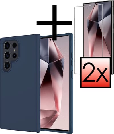Hoesje - Met 2x Screenprotector - Geschikt voor Samsung Galaxy S24 Ultra - Sterk & Shockproof - Back Cover - Siliconen Case - Telefoon Hoes - Donkerblauw
