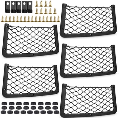 Set van 4 stuks - Opbergvakken van gaas met frame voor in de auto - Gaasvakken met frame - Voor het opbergen van je telefoon - Inclusief schroeven - Afmetingen: 35,5 cm x 18,5 cm - Geschikt voor auto's, SUV's, vrachtwagens, campers en boten - Zwart