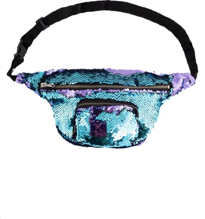 KIMU® Heuptasje Rond Voorvak Pailletten Lichtblauw Lila Heuptas Sequin Tas Mermaid Zeemeermin Tasje Glitter Festival