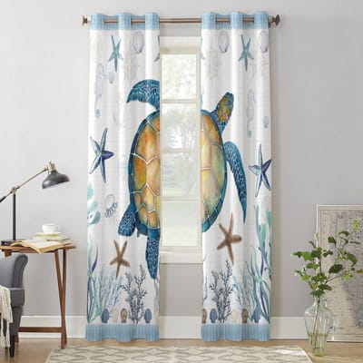 Slaapkamer Keukengordijn Zeeschildpad Blauwe Zeester Schelp Raamgordijnen Gordijnen voor Woonkamer Decoratieve Artikelen 135W x 60H(cm) x1