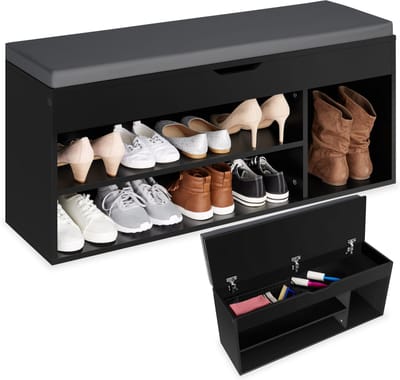 tectake® Schoenenbank met zitje - 3 open vakken en een opklapbaar vak met zitkussen - Schoenenrek met opbergruimte - Hout - Afmeting (LxBxH) 104 x 30 x 49 cm - Zwart