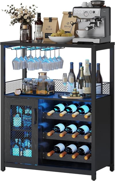 Wijnkast met LED-verlichting, barkast met verstelbare flessenrekken & glazenhouder, drankopslag voor keuken & eetkamer, 70x35x92 cm, zwart