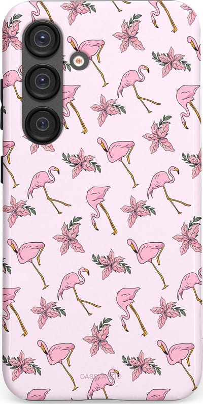 Casetastic hoesje geschikt voor Samsung Galaxy S25 - Dubbellaagse bescherming - Tropisch Roze Flamigo Bloemen Paradijs - Fashion Case - Lichtgrijs Wit Lichtroze