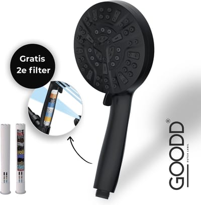 GOODD® - Douchekop - Handdouche - 2 Filters - Zwart - 10 Standen - Waterbesparend - Regendouche