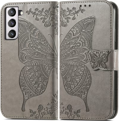 Bookcase geschikt voor Samsung Galaxy S21 FE - Grijs - Vlinder - Portemonnee Hoesje