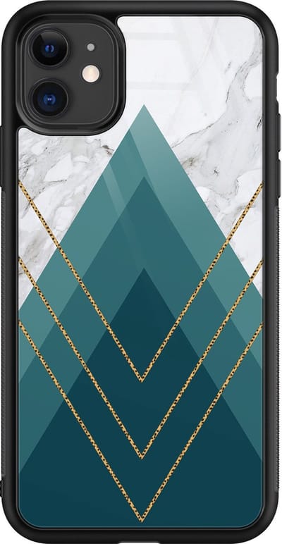 Hoesje geschikt voor iPhone 11 - Geometrisch blauw - Luxe Glazen Hardcase - Marmer - Blauw - Leuke Telefoonhoesjes