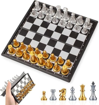 Schaakbord Set - Magnetisch Bord - Reis Spel - Stabiele Stukken - 30 x 15 cm - Goud en Zilver