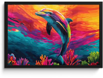 Poster in lijst - Fotolijst 60x40 cm - Posters - Dolfijn - Kleurrijk - Oceaan - Koraal - Posterlijst zwart - Decoratie - Wanddecoratie woonkamer - Muurdecoratie slaapkamer