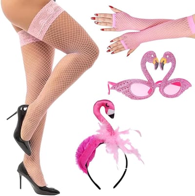 Flamingo Kostuum voor Vrouwen en Kinderen - Compleet Set met Hoofdband, Zonnebril, Handschoenen en Ketting - Ideaal voor Hawaii Feest, Carnaval en Themapartijen