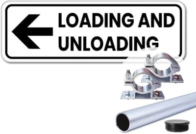 Bord Loading and Unloading pijl links - Weerbestendig Aluminium - 40x15 cm - Bevestiging: Met paal 120 cm + paalbeugels + paaldop