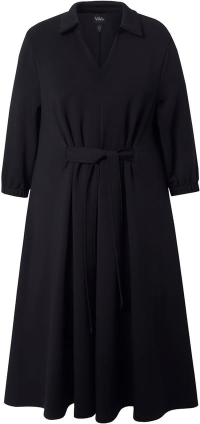 Ulla Popken - Dames - Sweatjurk A-lijn overhemdkraag 3/4-mouwen modalmix - Zwart - Maat 42+