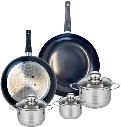 Set van 2 Koekenpannen 28 en 32 cm en 3 kookpotten 12, 14 en 16 cm Elo Prima Glanzend