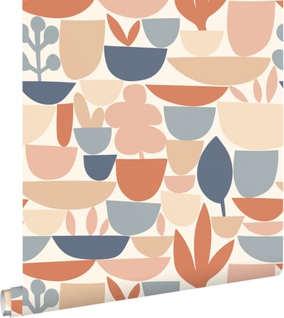 ESTAhome behang aardewerk en planten terracotta en blauw - 50 x 900 cm - 131073