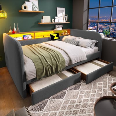 OKWISH Gestoffeerd Dagbed 140x190 cm - Met Led en Usb C Oplaadpunt - 2 Lades en Opberghoofdbord - Zonder Matras - Grijs