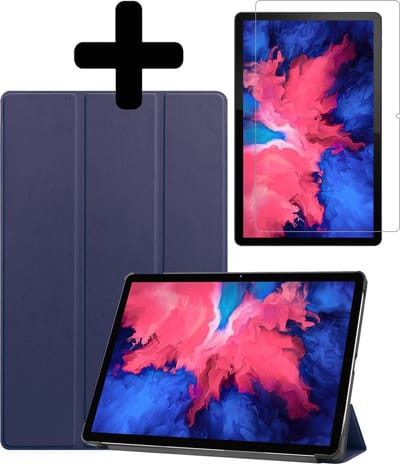 Hoes - Geschikt voor Lenovo Tab P11 - Met Screenprotector - Trifold Bookcase - Hard Cover - Hardcover Book Case - Tablet Hoesje - Donkerblauw