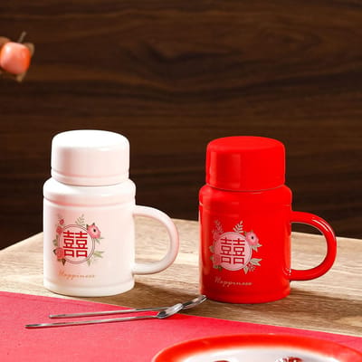 Stel met Deksel Retro Keramische Kop Grote Capaciteit Mok Huishouden met Lepel Bruiloft Feestelijk Cadeau Waterbeker 420ML red