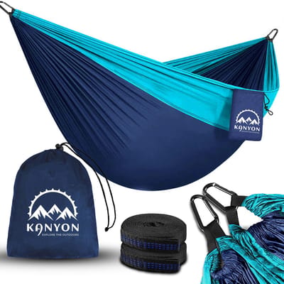 Kanyon Hangmat - incl. Karabijnhaken en Riemen - licht parachutestof - 260 x 140 cm - tot 200kg - Turkooise/Donkerblauw