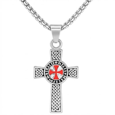Zilverkleurige schakel tempeliers ketting voor heren met kruis hanger en rood-wit symbool