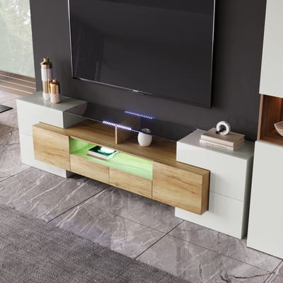 DESMIU Tv Meubel - Hoogglans Kast Met Ledverlichting En Veel Opbergruimte - Voor Woonkamer - MDF En Houtlook - 200x35x60 Cm - Naturel