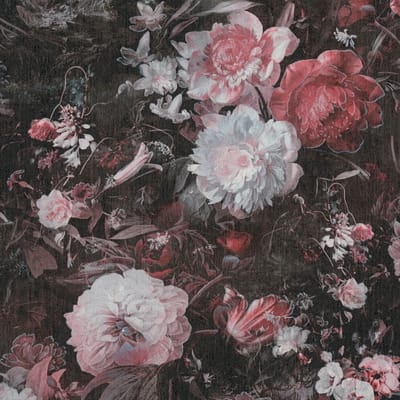Bloemen behang Profhome 388214-GU vliesbehang hardvinyl warmdruk in reliëf licht gestructureerd met bloemmotief glanzend zwart roze wit zilver 5,33 m2