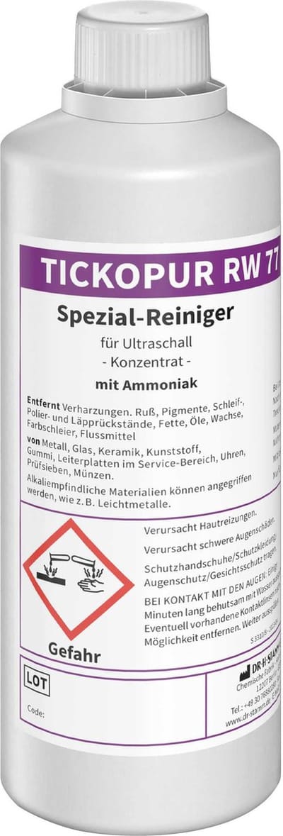 Tickopur RW77 - Professionele Ultrasoon Reinigingsvloeistof 1L - Voor o.a. Klok Onderdelen & Messing Onderdelen- Geschikt voor Ultrasoonbad