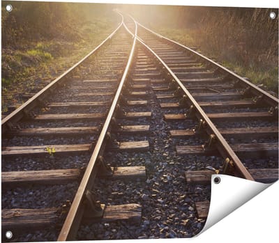 Gards Tuinposter Twee Kruisende Rails Spoorwegen - 80x60 cm - Tuindoek - Tuindecoratie - Wanddecoratie buiten - Tuinschilderij