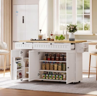 MODENUIT Keukeneiland - Opklapbaar Werkblad En 6 Rollen - Voor Keuken En Eethoek - MDF Naturel Wit - 137x70x89,5 Cm