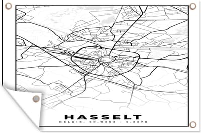 Muurdecoratie Stadskaart – Plattegrond – België – Zwart Wit – Hasselt – Kaart - 180x120 cm - Tuinposter - Tuindoek