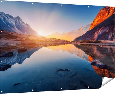 Gards Tuinposter Bergen Landschap met Zonsopgang - 180x120 cm - Tuindoek - Tuindecoratie - Wanddecoratie buiten - Tuinschilderij
