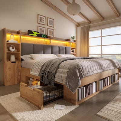 180x200 cm gestoffeerd bed met LED-verlichting - nachtkastje met USB- en Type-C-poort - lade op wieltjes - zonder matras - eik