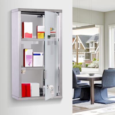 MODFU Medicijnkast - Afsluitbaar - Wandmontage - Roestvrij Staal En Gehard Glas - Zilver - 25 X 12 X 48 Cm