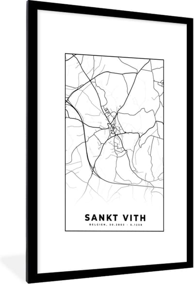 Fotolijst incl. Poster Zwart Wit- Zwart Wit – België – Plattegrond – Stadskaart – Kaart – Sankt Vith - 60x90 cm - Posterlijst