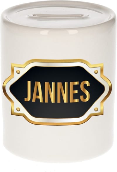 Spaarpot met voornaam Jannes - wit - met goud/zwart embleem - 8 x 9 cm - keramiek - met afsluitdop - cadeau verjaardag