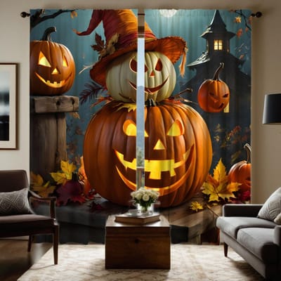 2 pièces HD Halloween Jack-o'-lantern Épouvantail Fantôme Feuille d'érable rideau Jaune Cravate rideau imprimé numérique Style Décoration de maison Dec W52H63inchW132H160cm brown