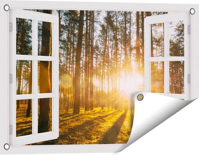 Gards Tuinposter Doorkijk Zonsopkomst in het Bos tussen de Bomen - 60x40 cm - Tuindoek - Tuindecoratie - Wanddecoratie buiten - Tuinschilderij