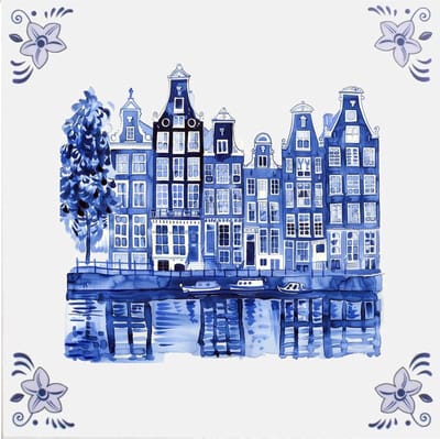 Delfts blauw tegeltje met Amsterdamse grachtenpandjes - delfts blauw wandbord - delftsblauw - hollandse cadeautjes - wanddecoratie - decoratieve accessoires