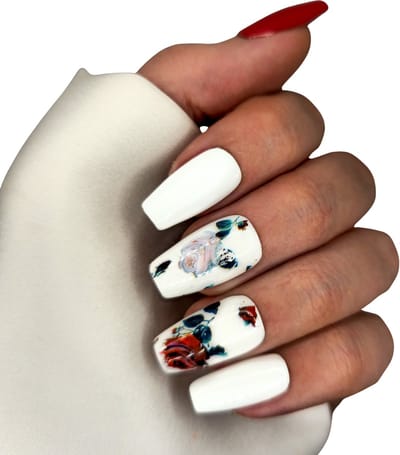 SD Press on Nails - B-64 - Plaknagels - Gelnagels - Handgemaakt - 20 stuks - Rood Wit Roosjes - Medium Coffin Nagelset - Nepnagels - Nageltips - Nail Art