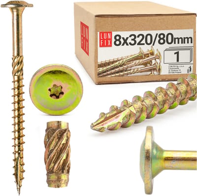 LUN FIX - Tellerkopfschroeven 8x320 - 1 stuk - TX40 Torx - Tellerkop met freestrips - Houtschroeven