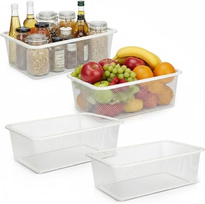 VHV - Opbergmand - Draadmand - Keuken organizer - Stapelbaar - Metaal - Set van 4 - Voor badkamer, voorraadkast en kledingkast - 30*20*10cm - Wit