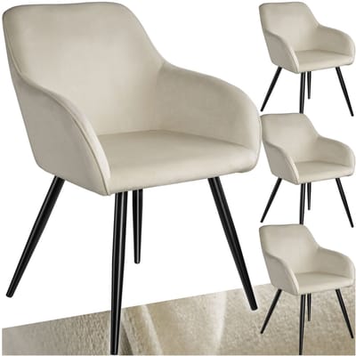 tectake® Eetkamerstoel Marilyn - Set van 4 - Met Armleuningen - Elegante Stoel met Gevoerde Zitting in Fluweellook - Gestoffeerd - Zwarte metalen poten - Ergonomische Keukenstoel - Stoel voor Woonkamer, Eetkamer en Slaapkamer - Creme