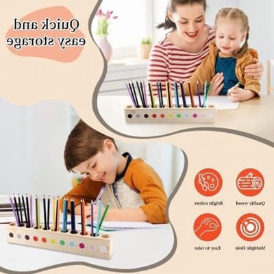 Houten potloodhouder 41x5x7cm voor kinderen, bureau-organizer met 11 vakken, ideaal voor kleurpotloden en pennen, perfect voor knutselprojecten en schoolbenodigdheden